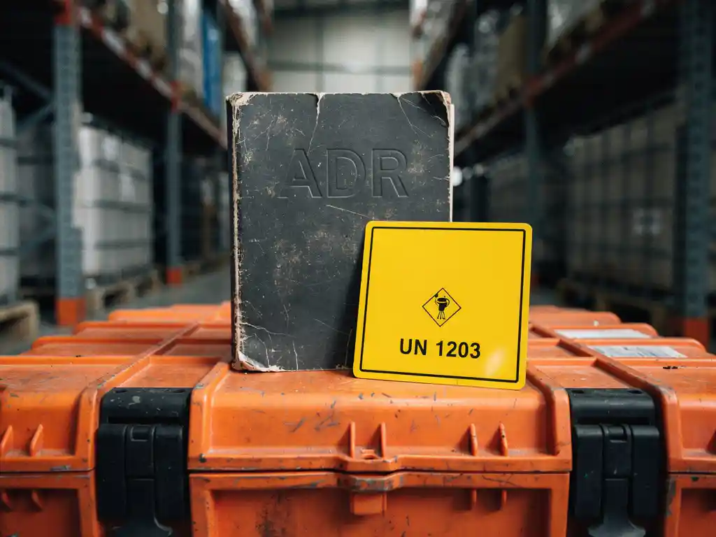 Versleten ADR-certificeringsboekje op oranje transportkrat met geel gevaarsstoffenbord, opgeslagen in industrieel magazijn.
