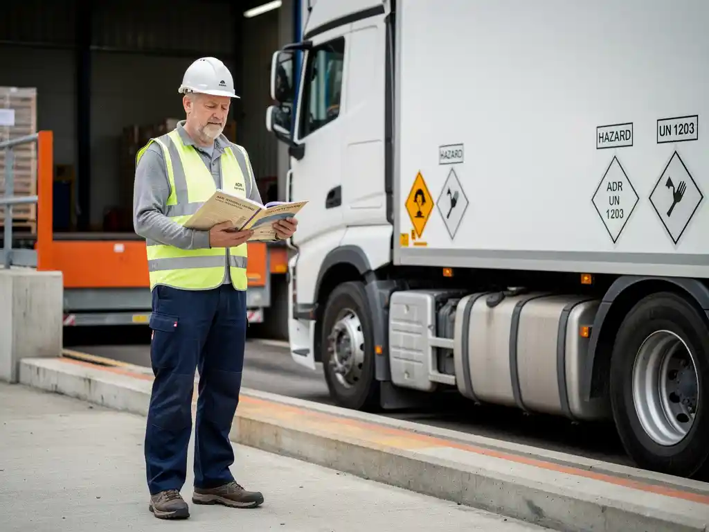 ADR-chauffeur in veiligheidsvest bestudeert trainingshandleiding naast vrachtwagen met gevaarlijke stoffen borden op laaddok.