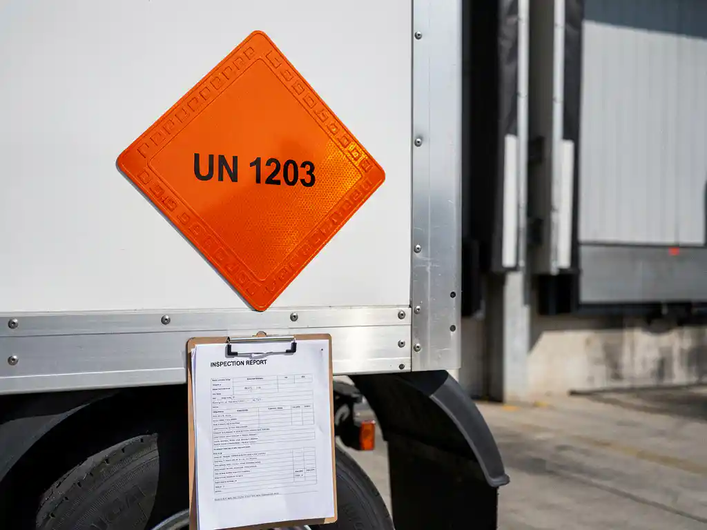 Oranje ADR-gevarenplacard op witte vrachtwagen bij laaddok, met inspectieklembord tegen de band.