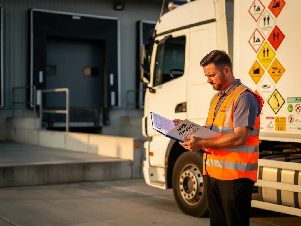 Vrachtwagenchauffeur in veiligheidsvest bekijkt ADR-compliance map naast witte truck met gevaarlijke stoffen borden op laaddok.