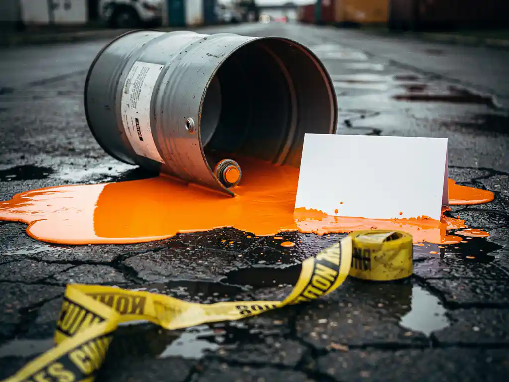 Omgevallen chemisch transportvat lekt oranje vloeistof op nat industrieterrein, met gevaarsbordje en afzetlint op gebarsten asfalt.