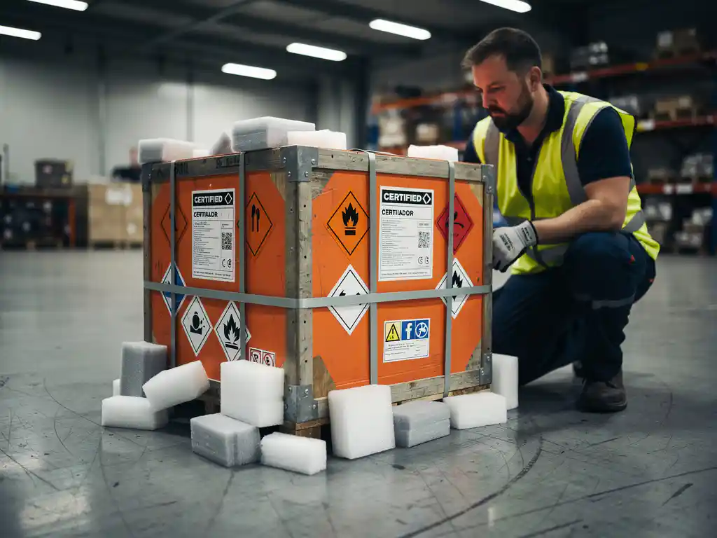 Logistiek medewerker in veiligheidsvest inspecteert ADR-gecertificeerde gevaarlijke stoffen verpakking met waarschuwingslabels in magazijn.