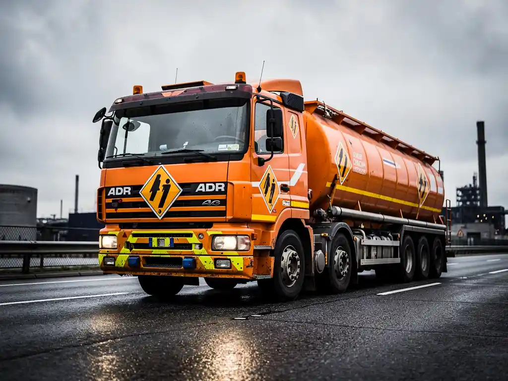 Oranje ADR-gevaarlijke stoffen tankwagen op snelweg met goed zichtbare gevaarsetiketten, gefotografeerd vanuit laag voorhoekperspectief.