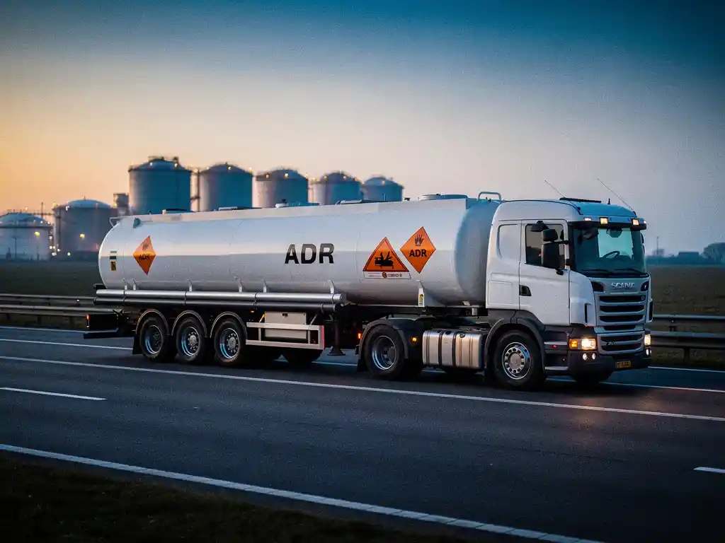 ADR-tankwagen met oranje gevaarborden op Nederlandse snelweg bij schemering, chemische opslagtanks op achtergrond.