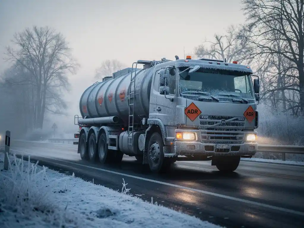 Gevaarlijke stoffen tankwagen op bevroren snelweg bij dageraad, ijskristallen op oranje ADR-borden, winterse mist op achtergrond.