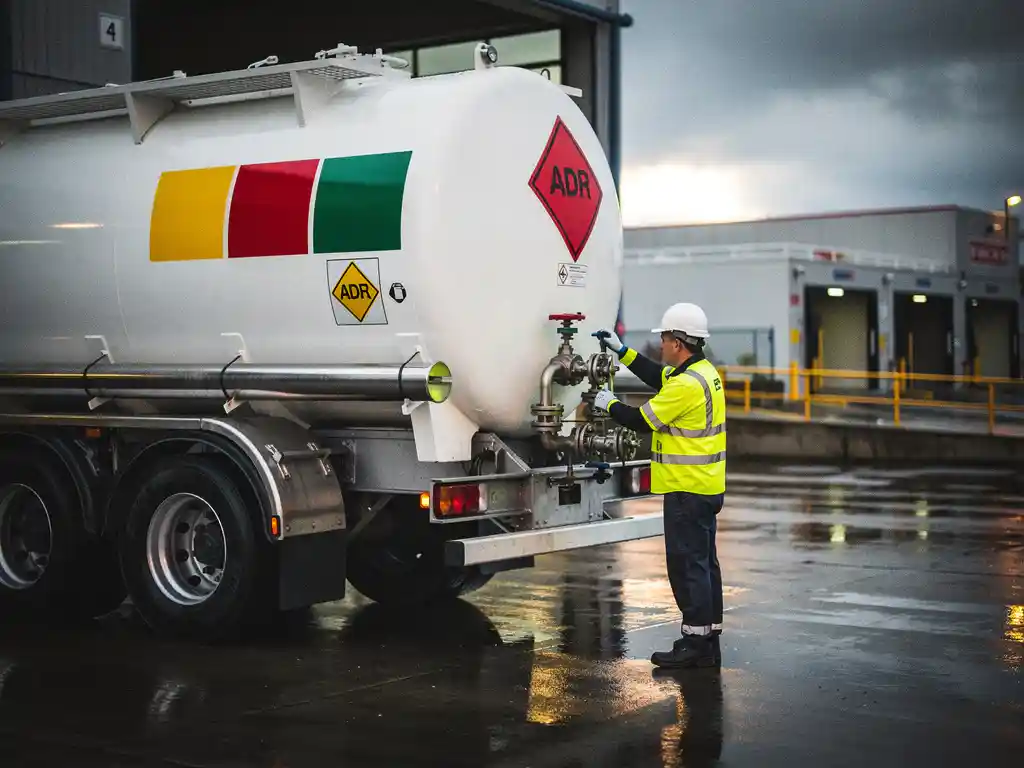 Logistiek medewerker in veiligheidsvest inspecteert klepaansluitingen van witte ADR-tankwagen op natte industriële laadkade.