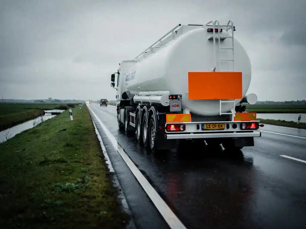 Witte gevaarlijke stoffen tankwagen met oranje ADR-borden op natte Nederlandse snelweg onder bewolkte lucht.