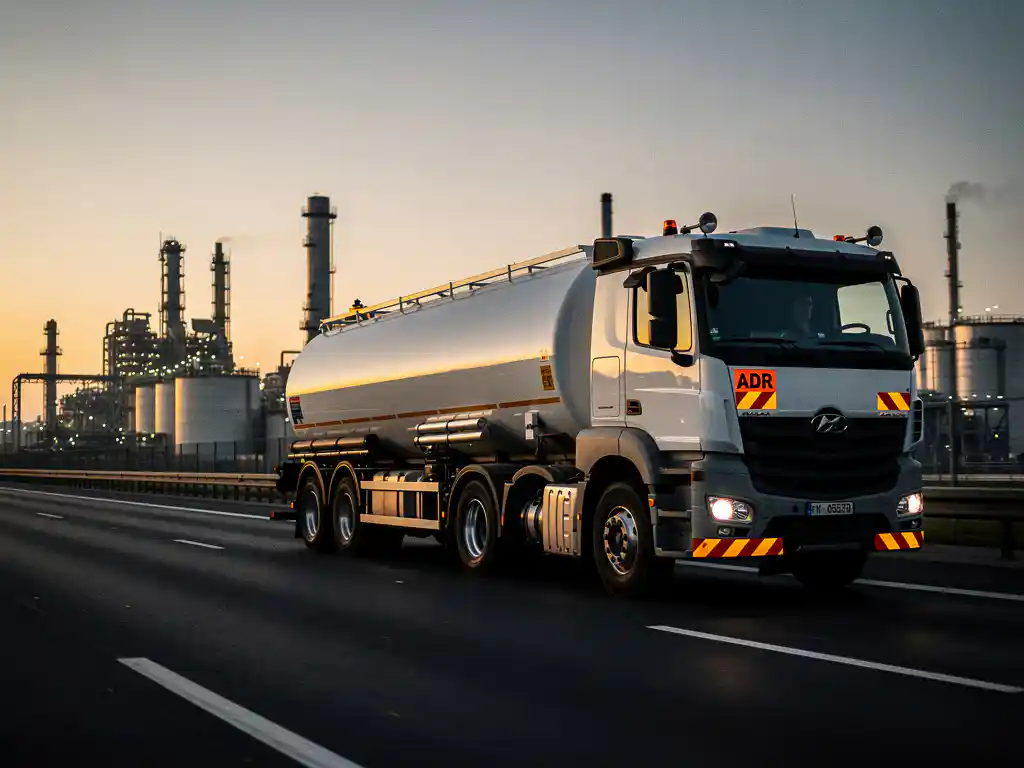 Witte gevaarlijke stoffen tankwagen met oranje ADR-borden op Europese snelweg bij schemering, industriële achtergrond.