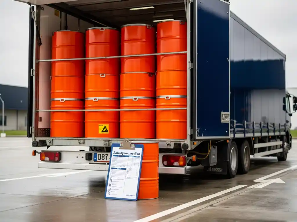 ADR-vrachtauto met oranje gevaarlijke stoffen vaten bij industrieel laaddok, klembord met veiligheidsdocumentatie tegen een vat.