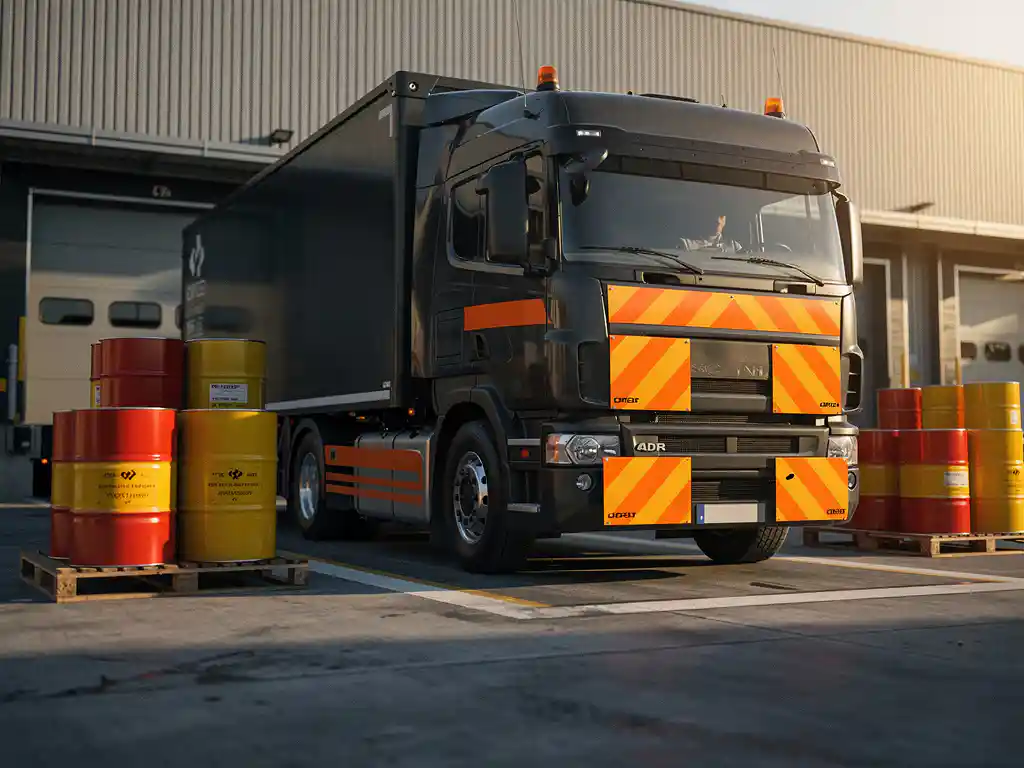 ADR-gecertificeerde vrachtwagen met oranje gevarenpanelen bij laaddok, omgeven door rood-gele gevaarlijke stoffen vaten.