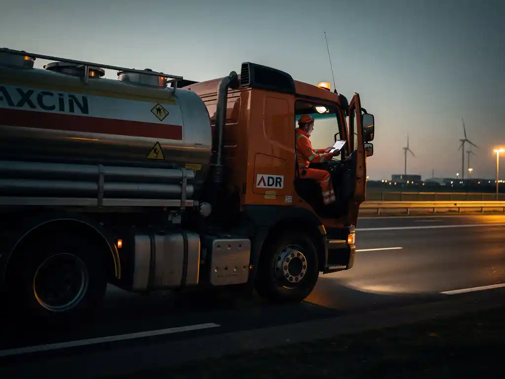 Chauffeur in oranje veiligheidskleding controleert ADR-transportdocument bij gevaarlijke stoffen tankwagen op Nederlandse snelweg bij schemering.