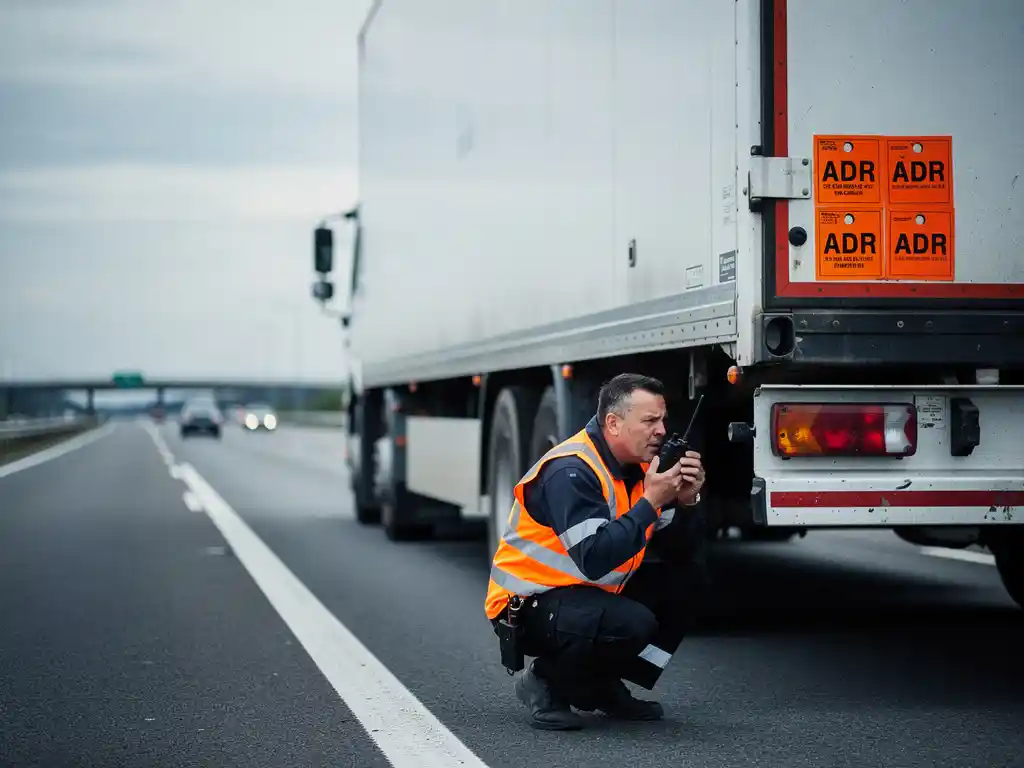 Vrachtwagenchauffeur in veiligheidsvest bij ADR-gevaarsetiketten op trailer van witte hazmat truck langs snelweg.