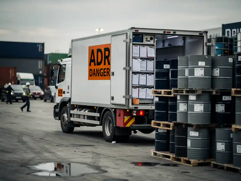 Witte hazmat-truck met oranje ADR-gevaarsborden naast gestapelde chemische vaten op een industrieel logistiek terrein.