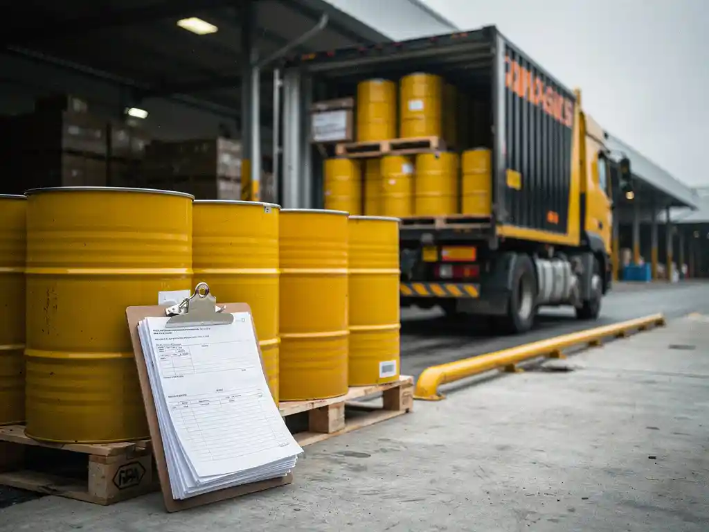 Hazmat-truck met verzegelde chemische vaten bij laaddok, transportdocumenten op klembord leunend tegen een vat.