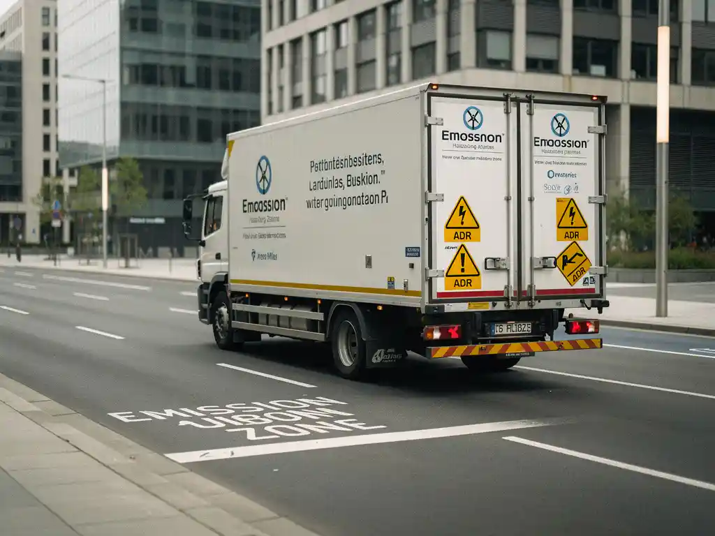 Witte ADR-gevaarlijke stoffen vrachtwagen rijdt door een stedelijke emissiezone met markeringen op straatniveau.