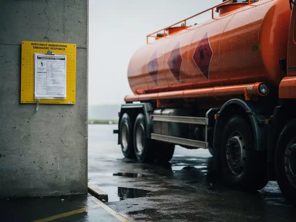 Oranje gevaarlijke stoffen vrachtwagen op natte industriële laadkade, met rode waarschuwingsruiten op de tankwagen en veiligheidsbord aan betonnen muur.