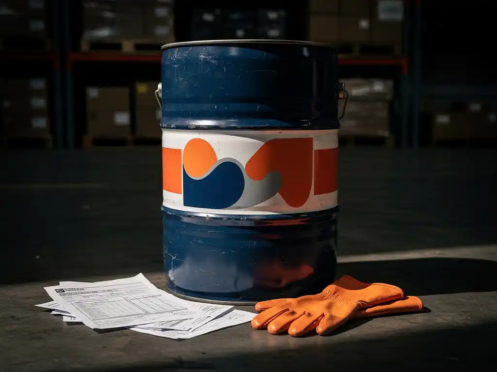 Gevaarlijke stoffen vat met hazmat-etiket op laaddok, omringd door verzenddocumenten en oranje beschermende handschoenen.