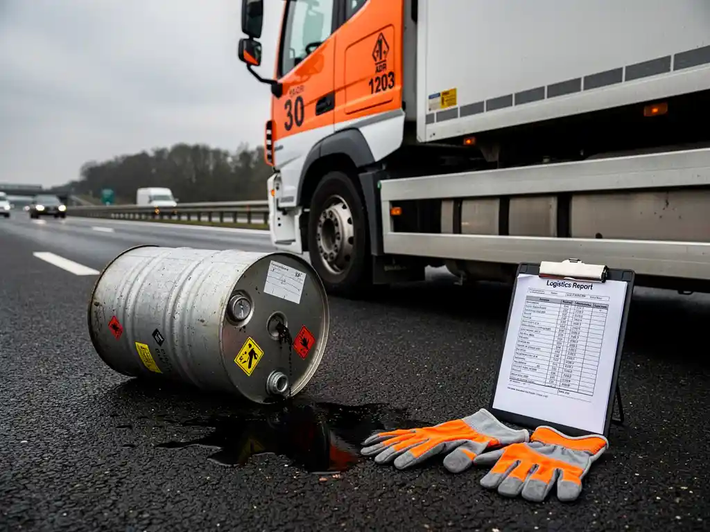 Gevaarlijke stoffen vrachtwagen langs Europese snelweg met oranje ADR-panelen, omgevallen chemicaliënvat op het asfalt en veiligheidshandschoenen op de treeplank.