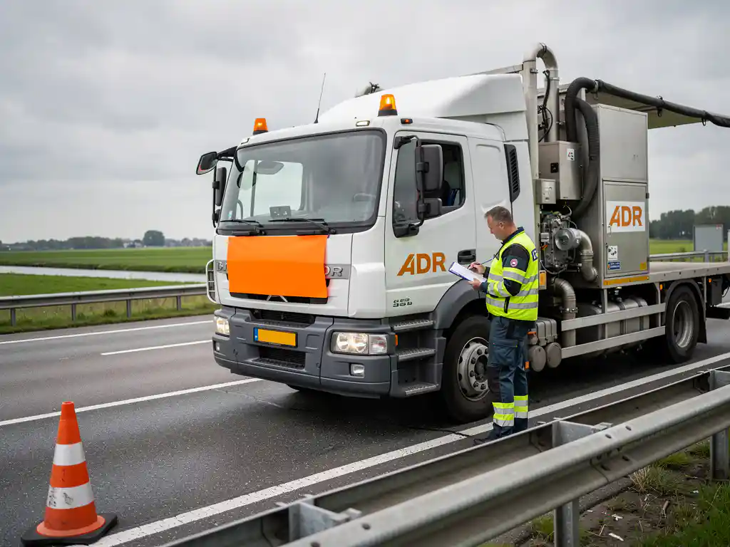 Veiligheidsinspecteur in oranje hesje controleert ADR-transportdocumenten bij gevaarlijke stoffen vrachtwagen op Nederlandse snelweg.