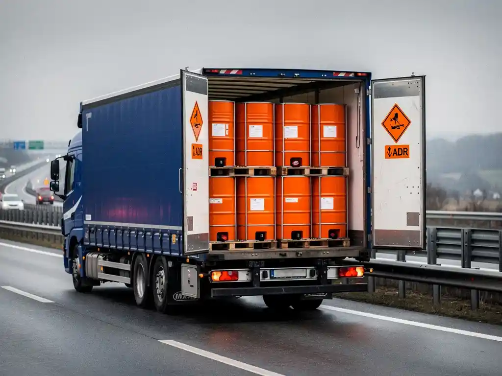 Vrachtwagen met open laaddeuren langs Europese snelweg met oranje ADR-gevaarsetiketten en vastgezette chemicaliënvaten tijdens wegcontrole.