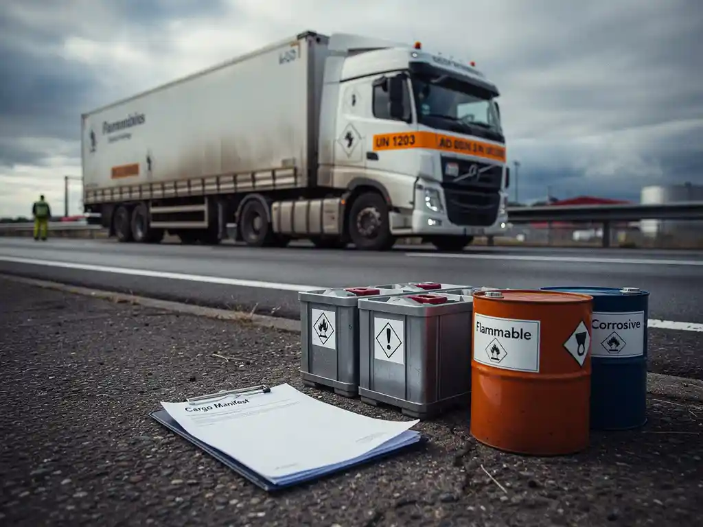 Hazmat-vrachtwagen op snelwegvluchtstrook met oranje ADR-borden, omgevallen documentenmap en foutief gelabelde gevaarlijke lading op voorgrond.
