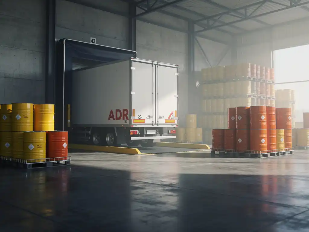 Witte vrachtwagen met ADR-gevaarsetiketten aan laaddok, omringd door gele en oranje chemicaliënvaten in industrieel magazijn.