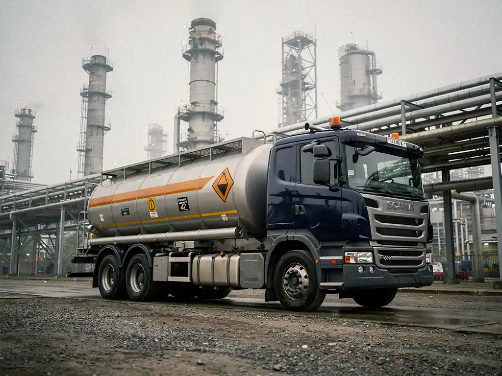 Tankwagen met chemische lading rijdt door industriezone met olieraffinaderij, pijpleidingen en waarschuwingsborden op de tank.