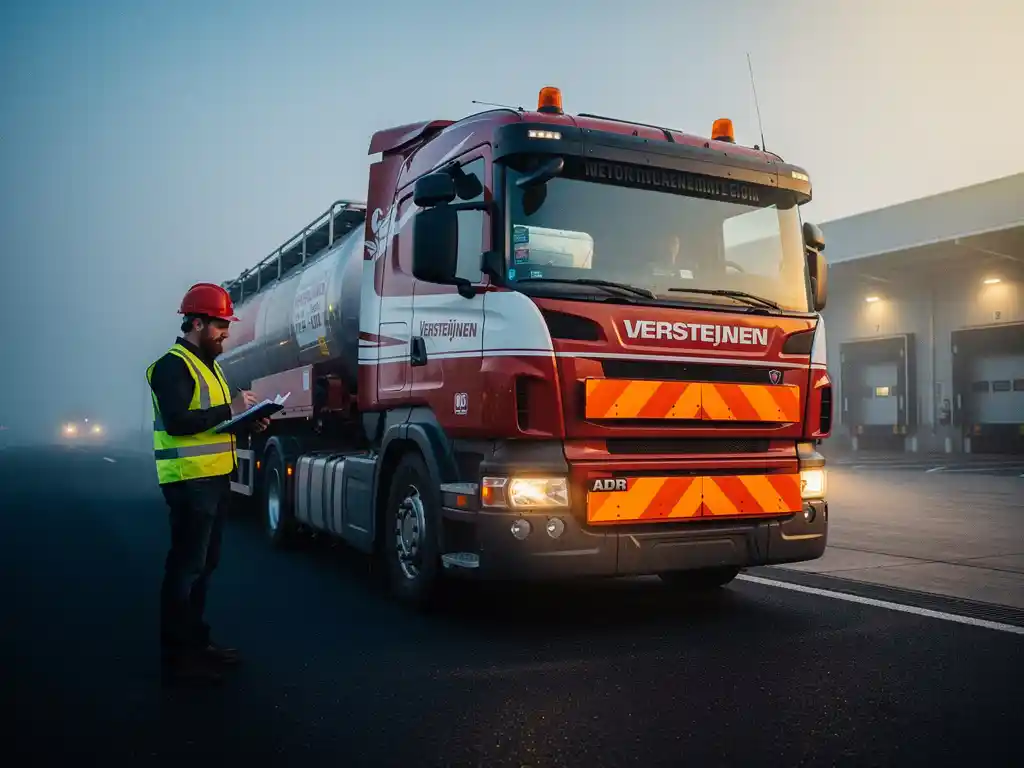 Versteijnen vrachtwagen met ADR-gevaarspanelen op mistige Europese snelweg bij dageraad, logistiek coördinator in veiligheidsvest inspecteert klembord.
