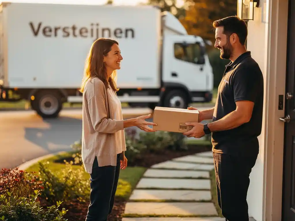 Bezorger overhandigt een dichtgeplakte kartonnen doos aan een glimlachende klant op de drempel, witte bestelwagen op de achtergrond.