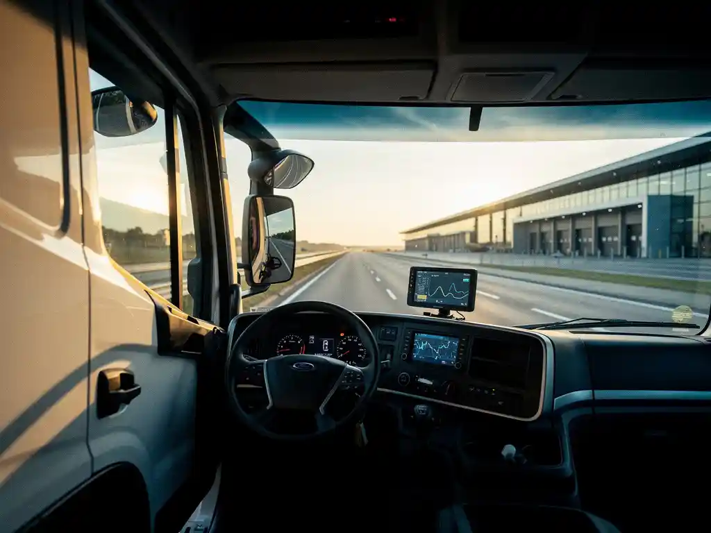 Witte bezorgvrachtwagen verlaat een logistiek hub bij gouden uur, met digitaal trackingdisplay op dashboard en open snelweg.