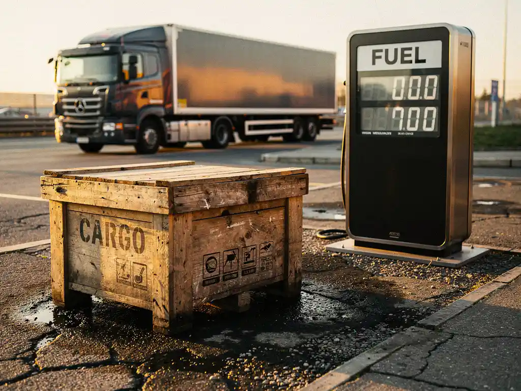 Verouderde houten krat met verzendetiketten op laadkade naast brandstofprijsbord, vrachtwagen op achtergrond in middaglicht.