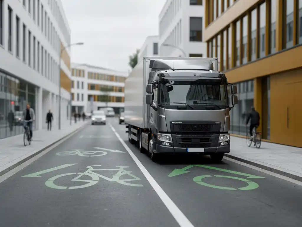 Moderne logistieke vrachtwagen aan de grens van een stedelijke emissiezone, met groene wegmarkering en schone stadsarchitectuur op de achtergrond.