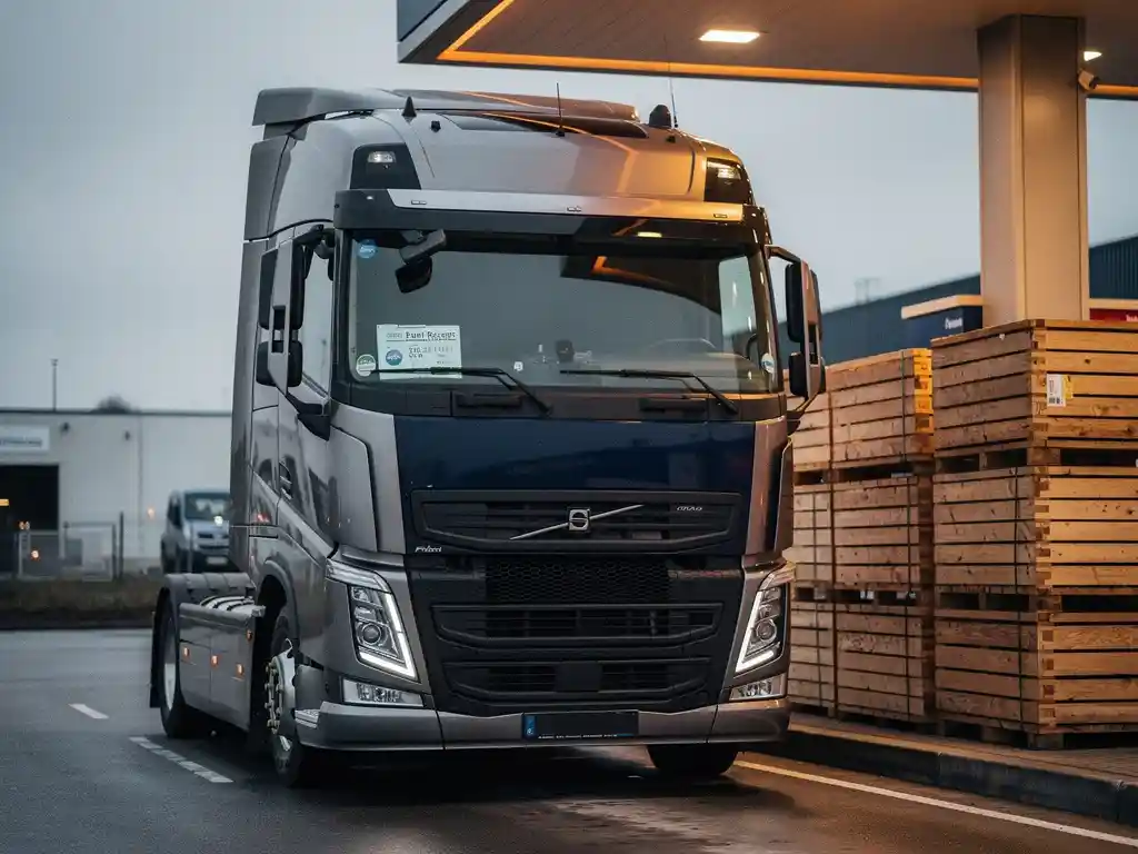 Euro 6 vrachtwagen bij tankstation met pallets, brandstofbon en emissiekeuring zichtbaar op dashboard, bewolkte industriële achtergrond.
