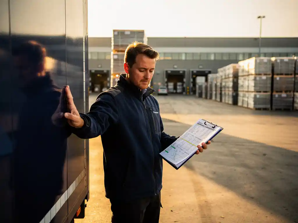 Logistiek medewerker bij Europees distributiecentrum, routemanifest op klembord, trailer en gestapelde pallets op achtergrond.