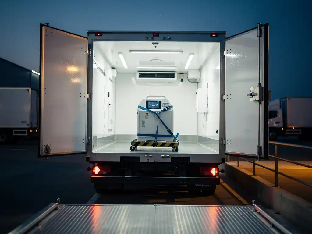 Gekoeld vrachtwagen met medisch apparaat in cargobay arriveert bij moderne distributiehub, amber dockverlichting.