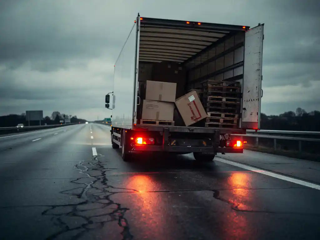 Gestrande vrachtwagen op Europese snelweg in de schemering, met knipperende gevaarlichten en verschoven pallets in het open laadruim.
