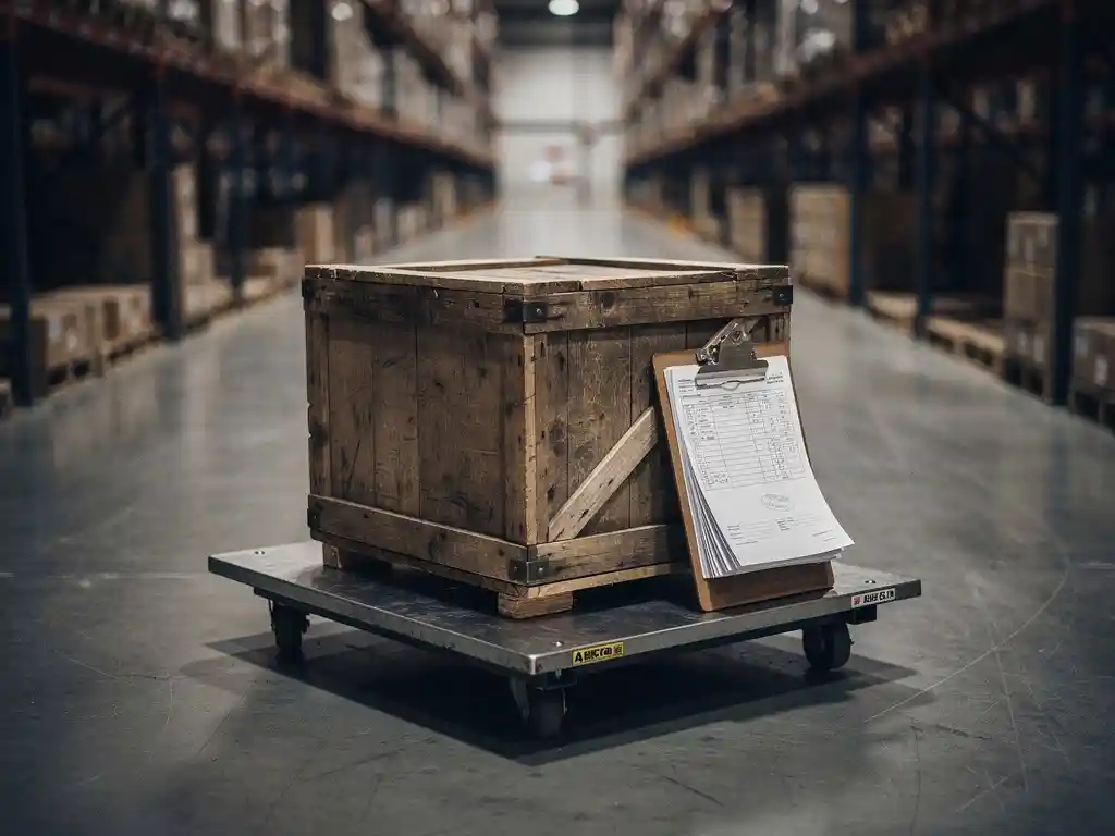 Verweerde houten krat op een magazijnvloerschaal met klembord en leveringsdocumenten, industriële metalen stellingen op de achtergrond.