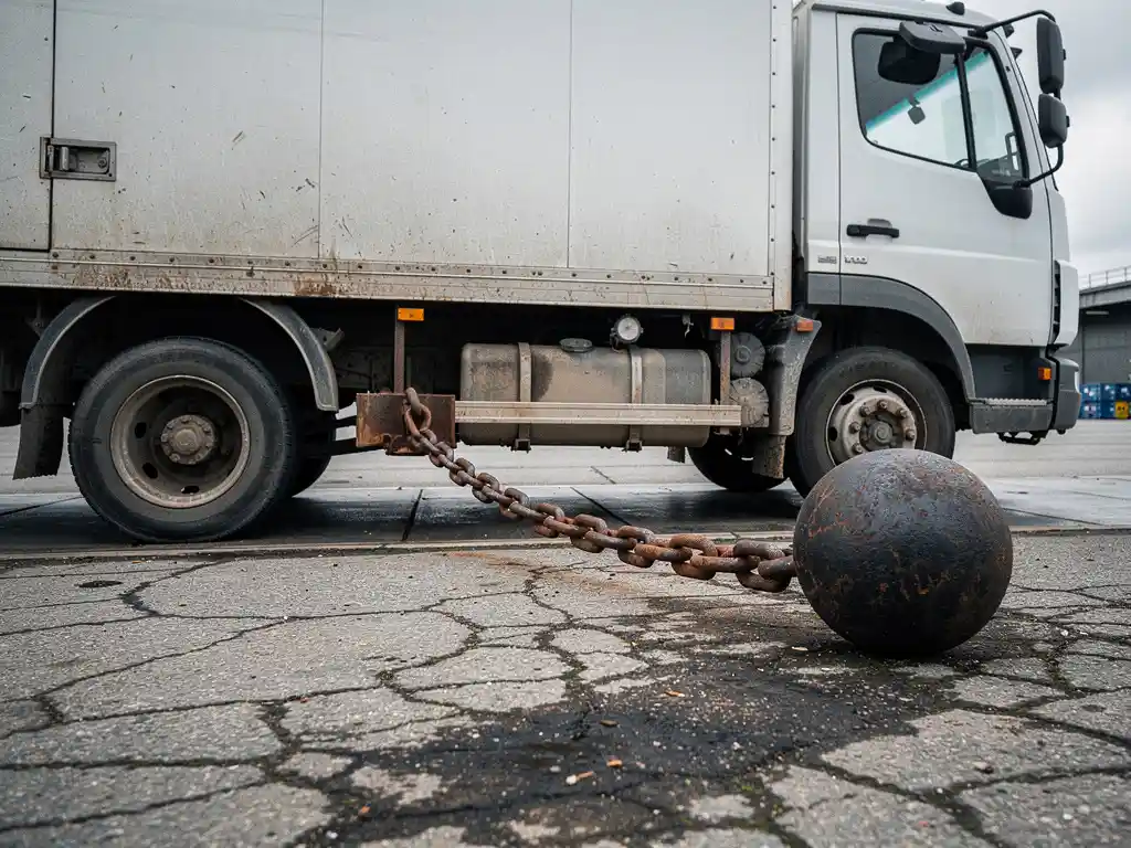 Zware ijzeren bal en ketting vastgeketend aan de achteras van een versleten witte bestelwagen op een industrieel laadperron.
