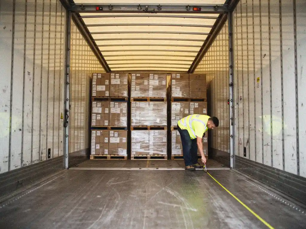 Logistiek medewerker in veiligheidsvest meet laadruimte van witte vrachtwagen met pallets gestapelde dozen op laaddok.