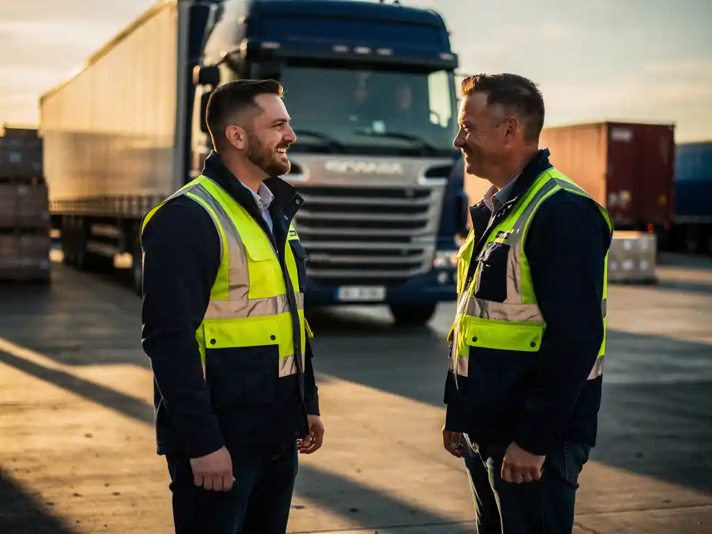 Logistiek coördinator in veiligheidsvest in gesprek met vrachtwagenchauffeur bij een semi-truck op een distributiecentrum in gouden middaglicht.