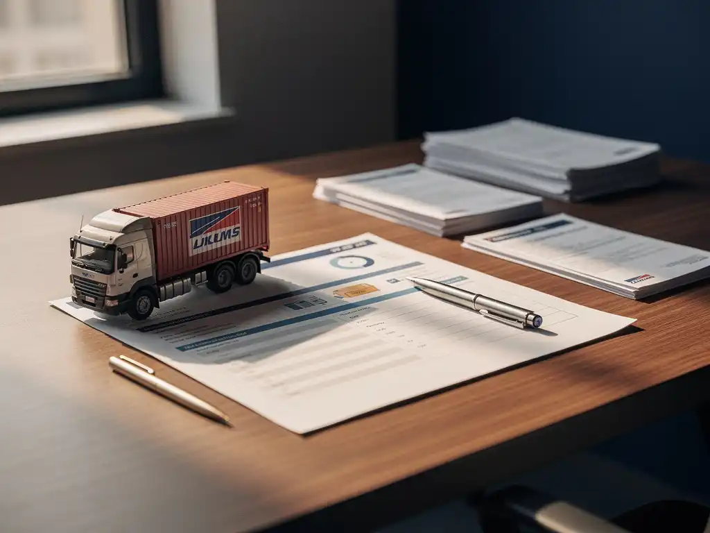 Logistiek dashboard printout op bureau naast miniatuur vrachtauto, stapel verzenddocumenten en pen, modern Europees logistiek kantoor.