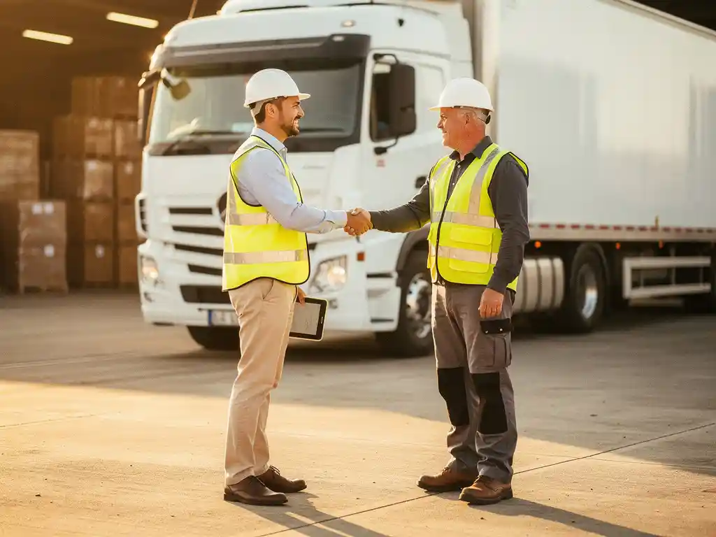 Logistiek manager en vrachtwagenchauffeur geven elkaar een handdruk bij een witte vrachtwagen op een zonnig laadperron.