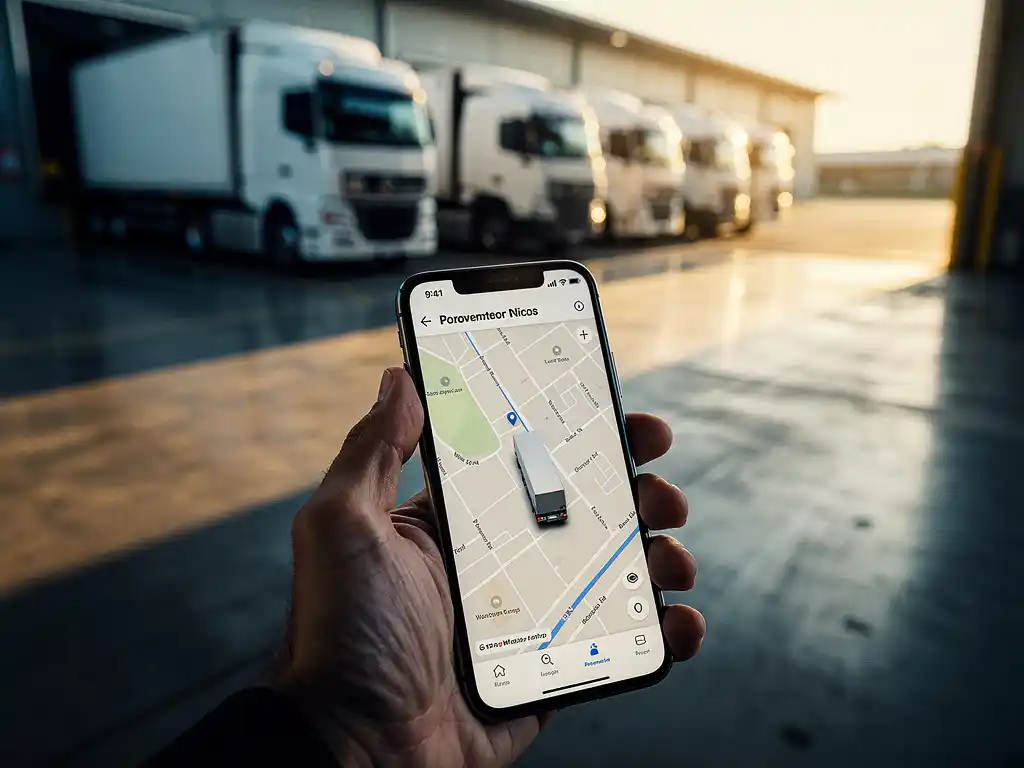 Logistiek manager houdt smartphone met live vrachtwagentracking vast, witte vrachtwagens vertrekken vanuit laaddok op achtergrond.