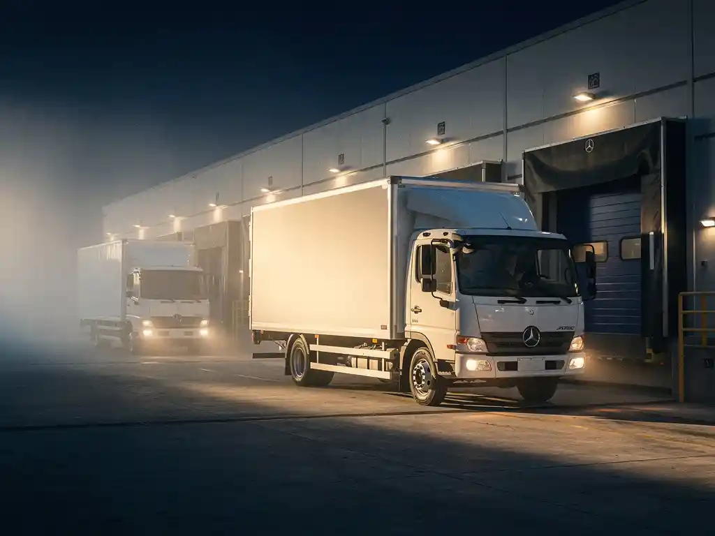 Witte logistieke vrachtwagen arriveert op tijd bij modern distributiedok, met vertraagde concurrent zichtbaar in ochtendmist op achtergrond.