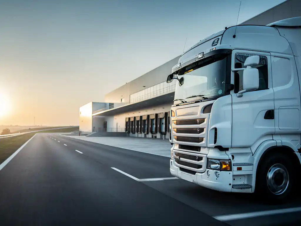 Witte vrachtwagen rijdt bij zonsondergang weg van distributiecentrum over Europese snelweg, warme amberkleurige lucht op de achtergrond.