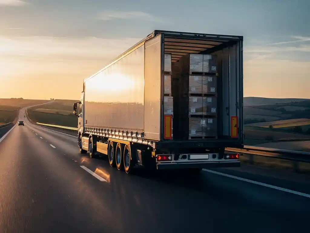 Logistieke vrachtwagen op Europese snelweg bij gouden uur, trailer op een kier met zichtbare gestapelde lading.
