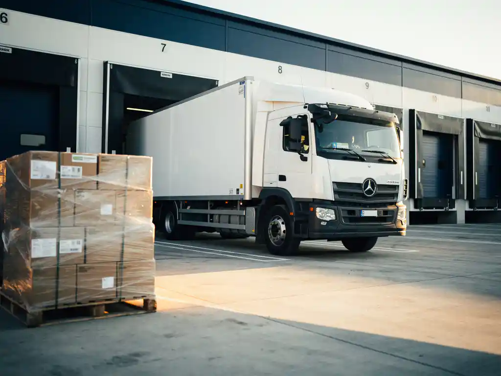 Witte vrachtwagen bij modern laaddok met pallets ingepakte goederen op de voorgrond, gouden middaglicht op betonnen vloer.