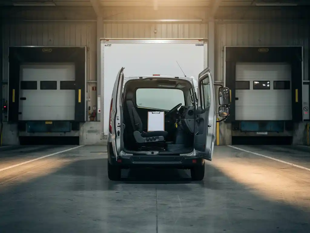 Vrachtwagen geparkeerd in verlaten laadperron met gesloten dockdeuren en klembord met ongetekende leveringsbonnen op bestuurdersstoel.