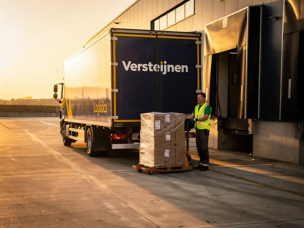 Versteijnen vrachtwagen bij moderne laaddock, medewerker in veiligheidsvest ontvangt verzegeld pallet in goudkleurig middaglicht.