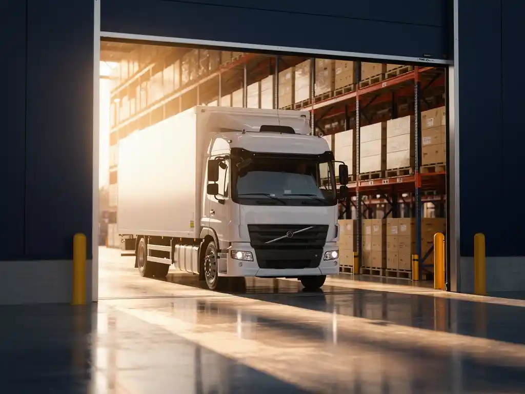 Witte vrachtwagen rijdt bij zonsondergang een moderne magazijnlaadkade binnen, met euro pallets en georganiseerde stellingen op de achtergrond.